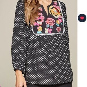 Savanna Jane Polka Dot Floral Embroidered Women's Top.  Spilt V Neck 3/4 Sleeve